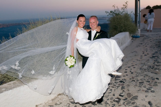 bride groom in santorini streets